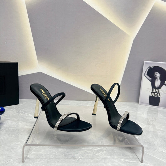SL CRYSTAL THIN BELT HIGH HEELS BLACK SATIN - 35