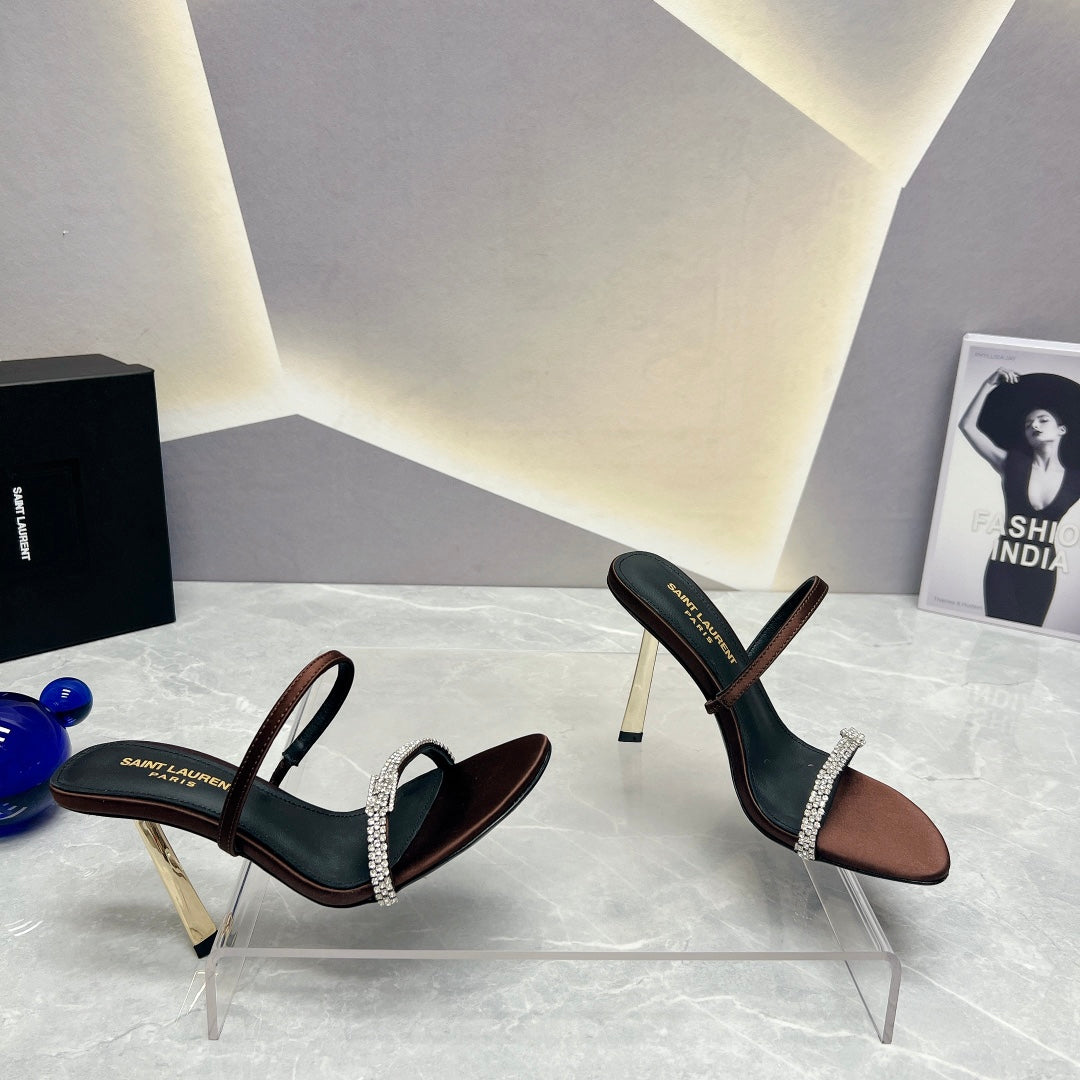 SL CRYSTAL THIN BELT HIGH HEELS BROWN SATIN - 35