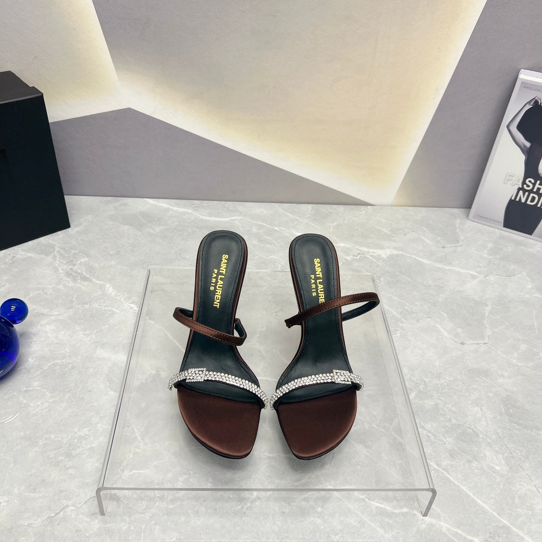 SL CRYSTAL THIN BELT HIGH HEELS BROWN SATIN - 35