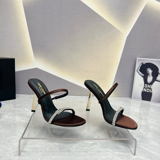 SL CRYSTAL THIN BELT HIGH HEELS BROWN SATIN - 35