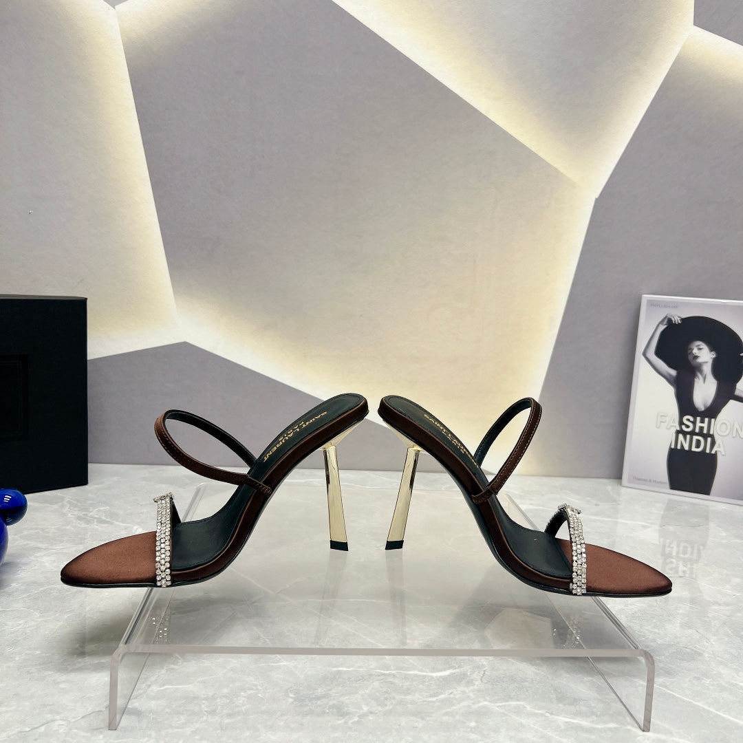 SL CRYSTAL THIN BELT HIGH HEELS BROWN SATIN - 35