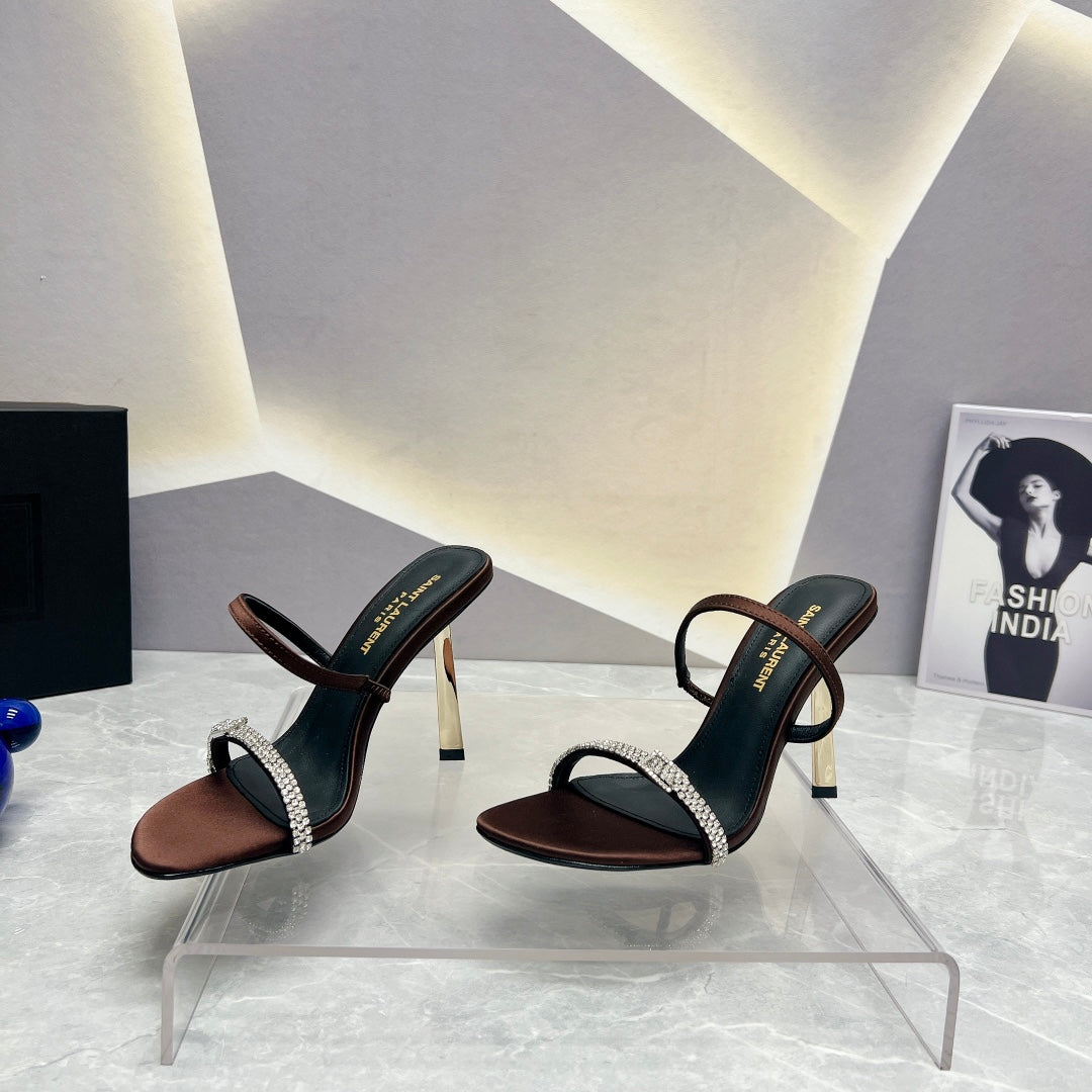 SL CRYSTAL THIN BELT HIGH HEELS BROWN SATIN - 35