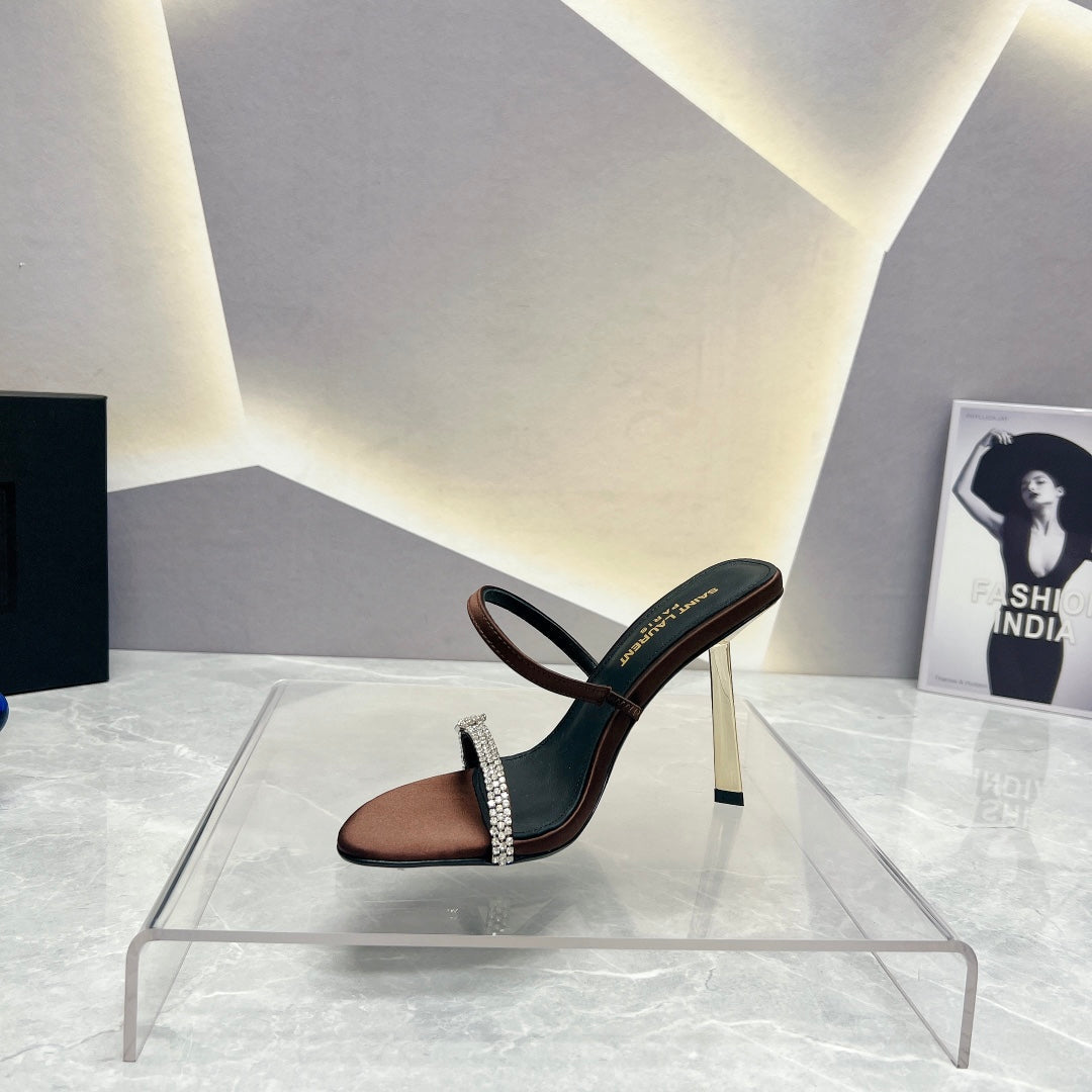 SL CRYSTAL THIN BELT HIGH HEELS BROWN SATIN - 35