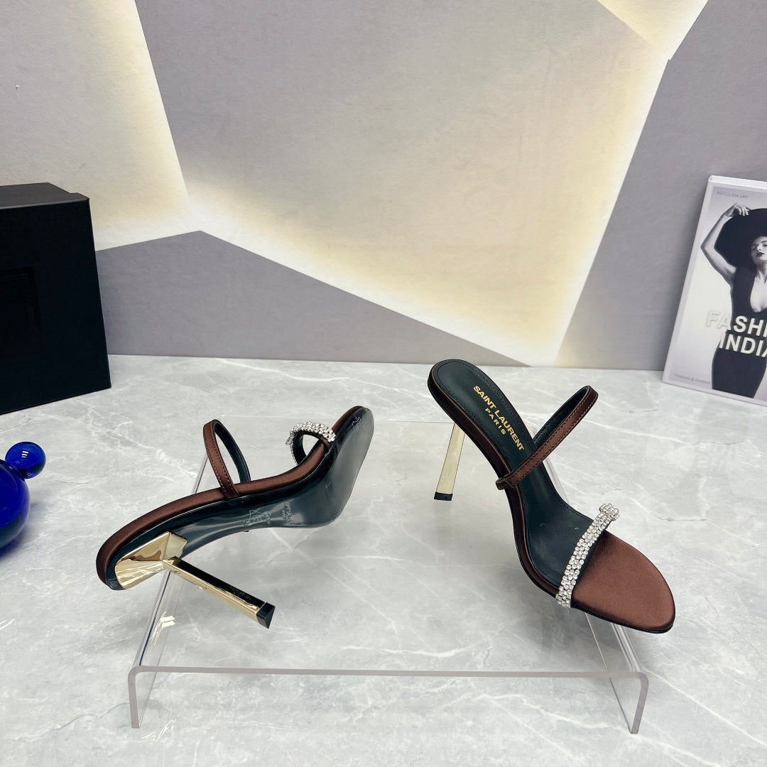 SL CRYSTAL THIN BELT HIGH HEELS BROWN SATIN - 35
