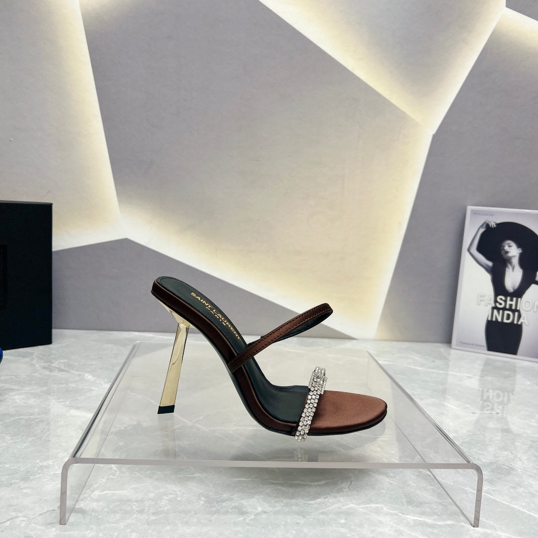 SL CRYSTAL THIN BELT HIGH HEELS BROWN SATIN - 35
