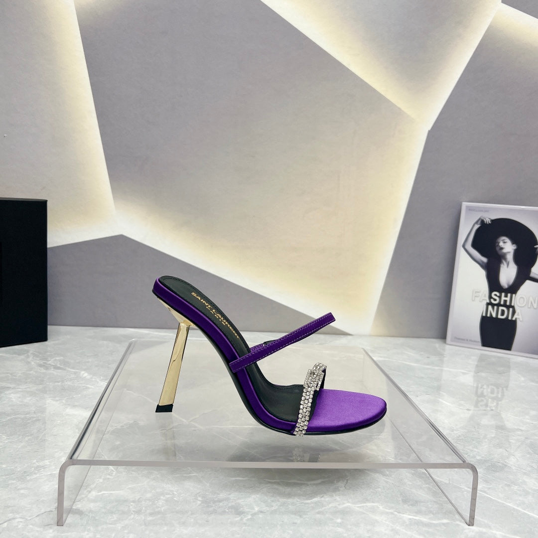 SL CRYSTAL THIN BELT HIGH HEELS VIOLET SATIN - 35