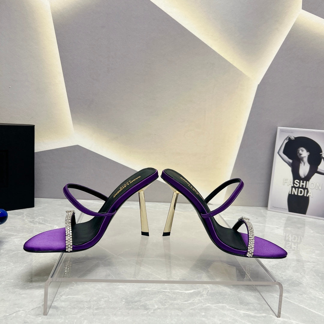 SL CRYSTAL THIN BELT HIGH HEELS VIOLET SATIN - 35