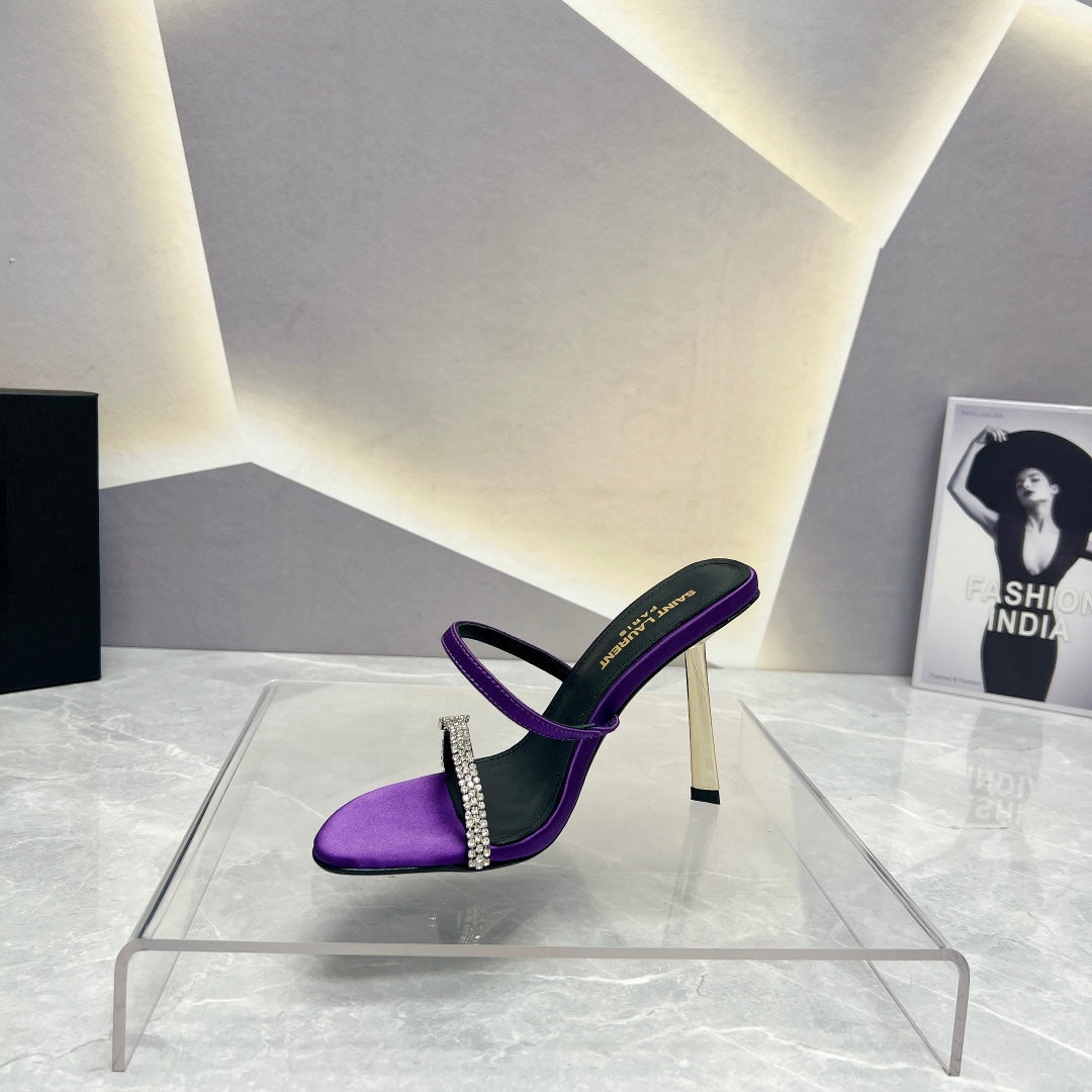 SL CRYSTAL THIN BELT HIGH HEELS VIOLET SATIN - 35