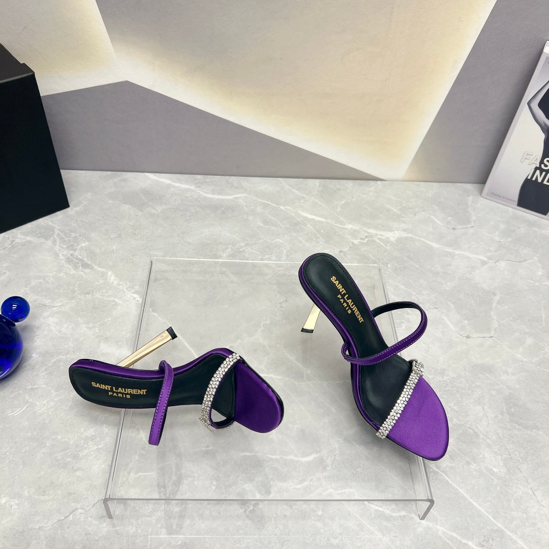 SL CRYSTAL THIN BELT HIGH HEELS VIOLET SATIN - 35
