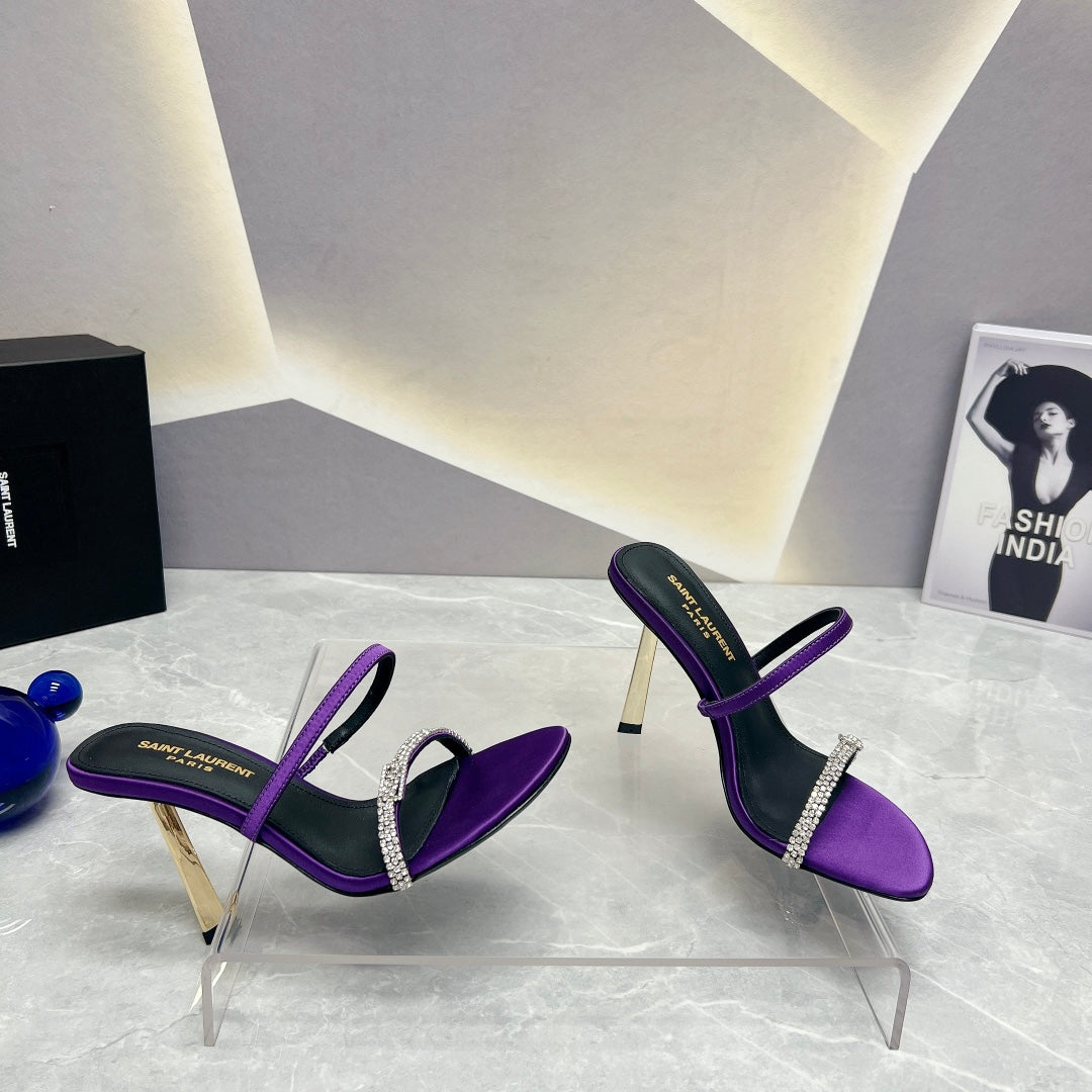 SL CRYSTAL THIN BELT HIGH HEELS VIOLET SATIN - 35