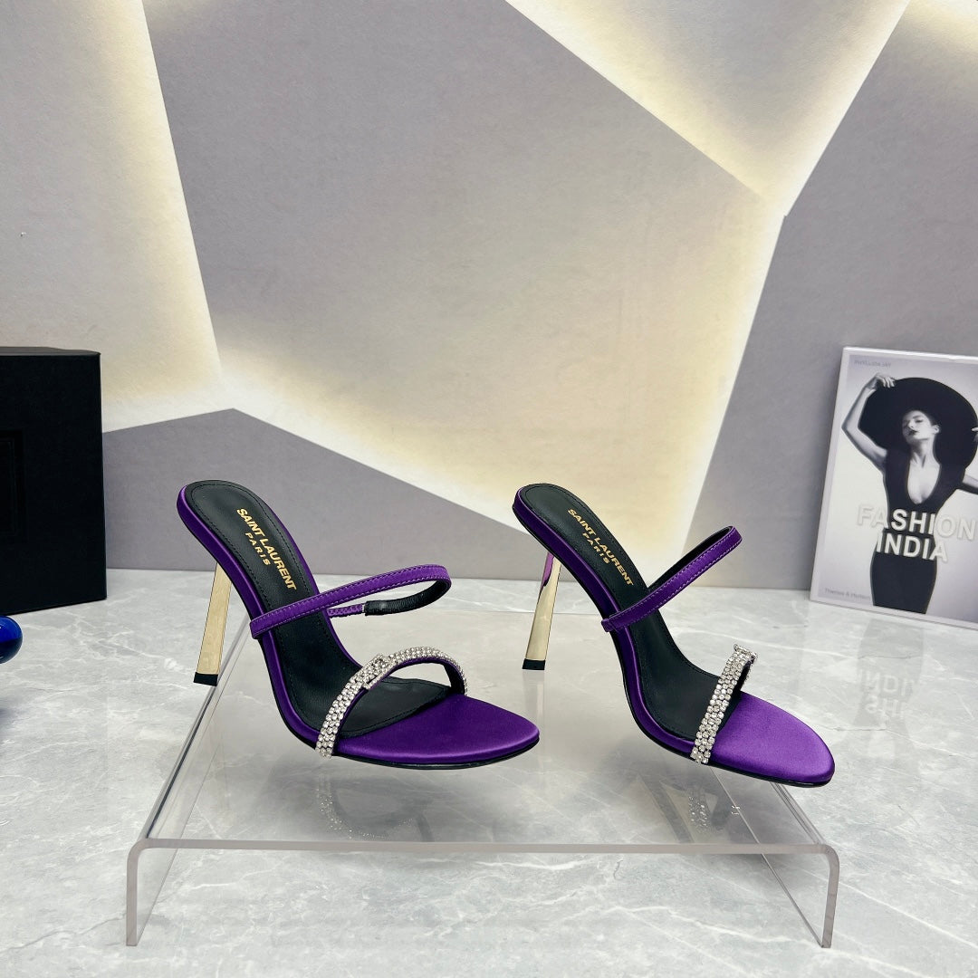 SL CRYSTAL THIN BELT HIGH HEELS VIOLET SATIN - 35