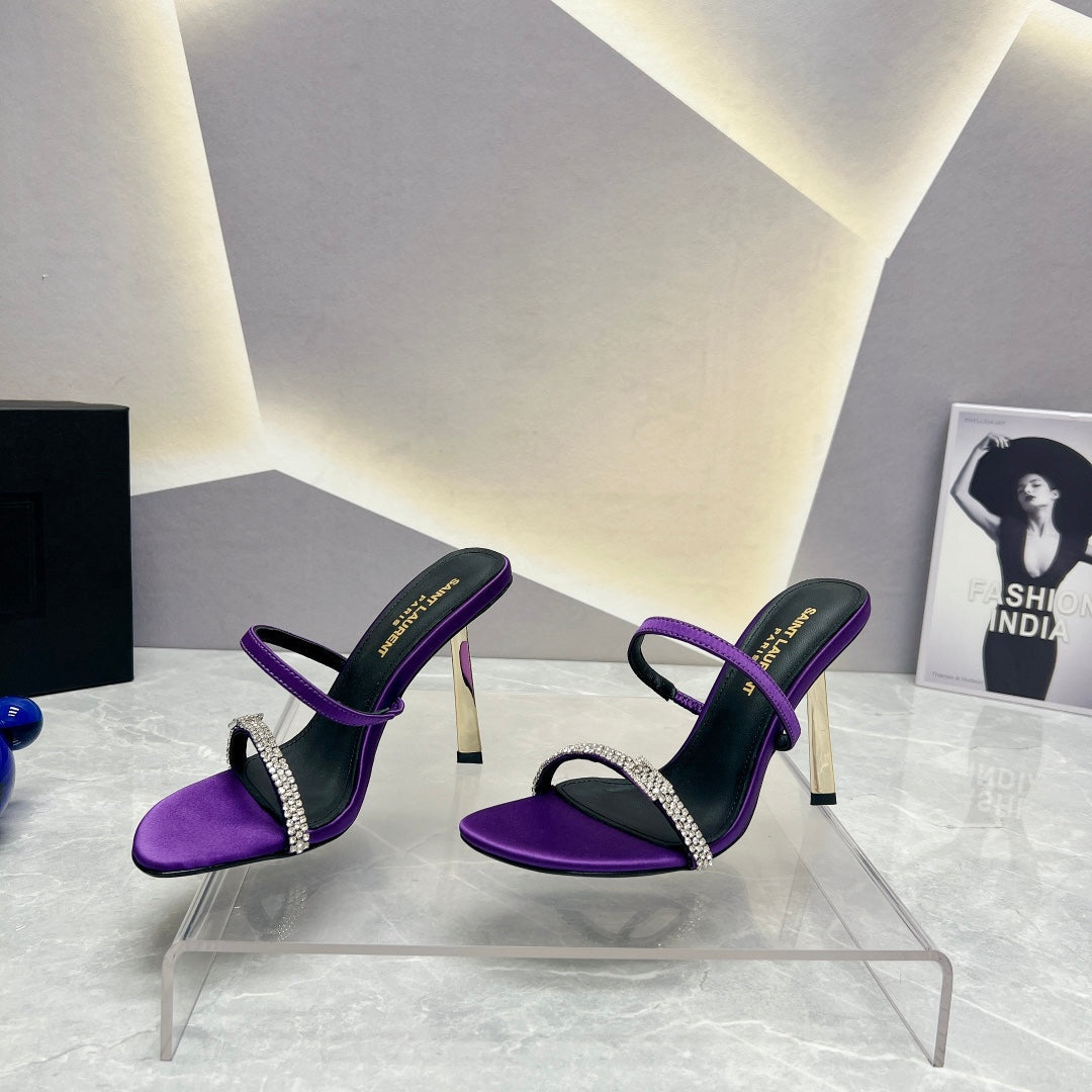 SL CRYSTAL THIN BELT HIGH HEELS VIOLET SATIN - 35