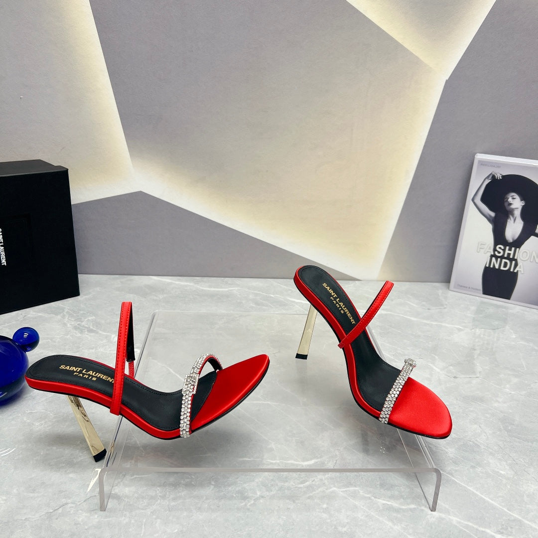 SL CRYSTAL THIN BELT HIGH HEELS RED SATIN - 35