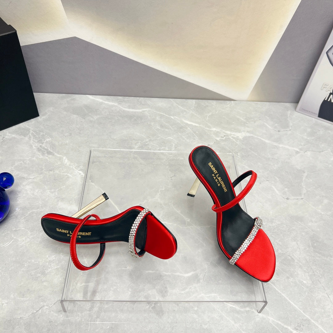 SL CRYSTAL THIN BELT HIGH HEELS RED SATIN - 35