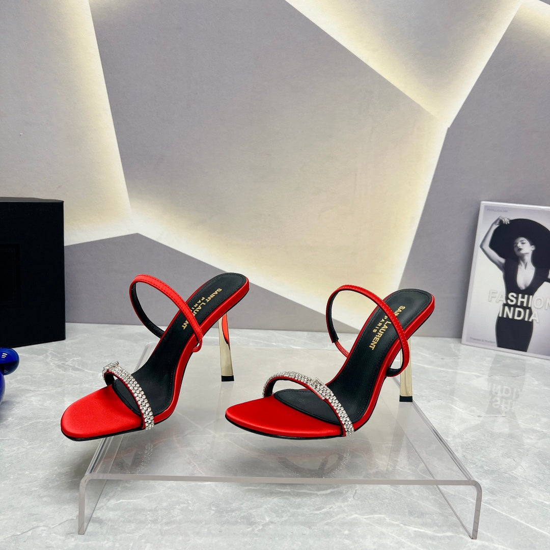 SL CRYSTAL THIN BELT HIGH HEELS RED SATIN - 35