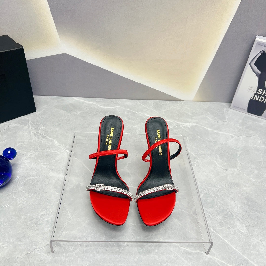 SL CRYSTAL THIN BELT HIGH HEELS RED SATIN - 35