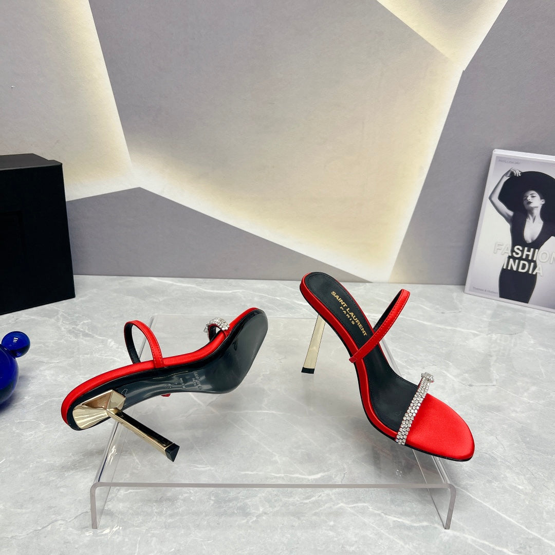 SL CRYSTAL THIN BELT HIGH HEELS RED SATIN - 35