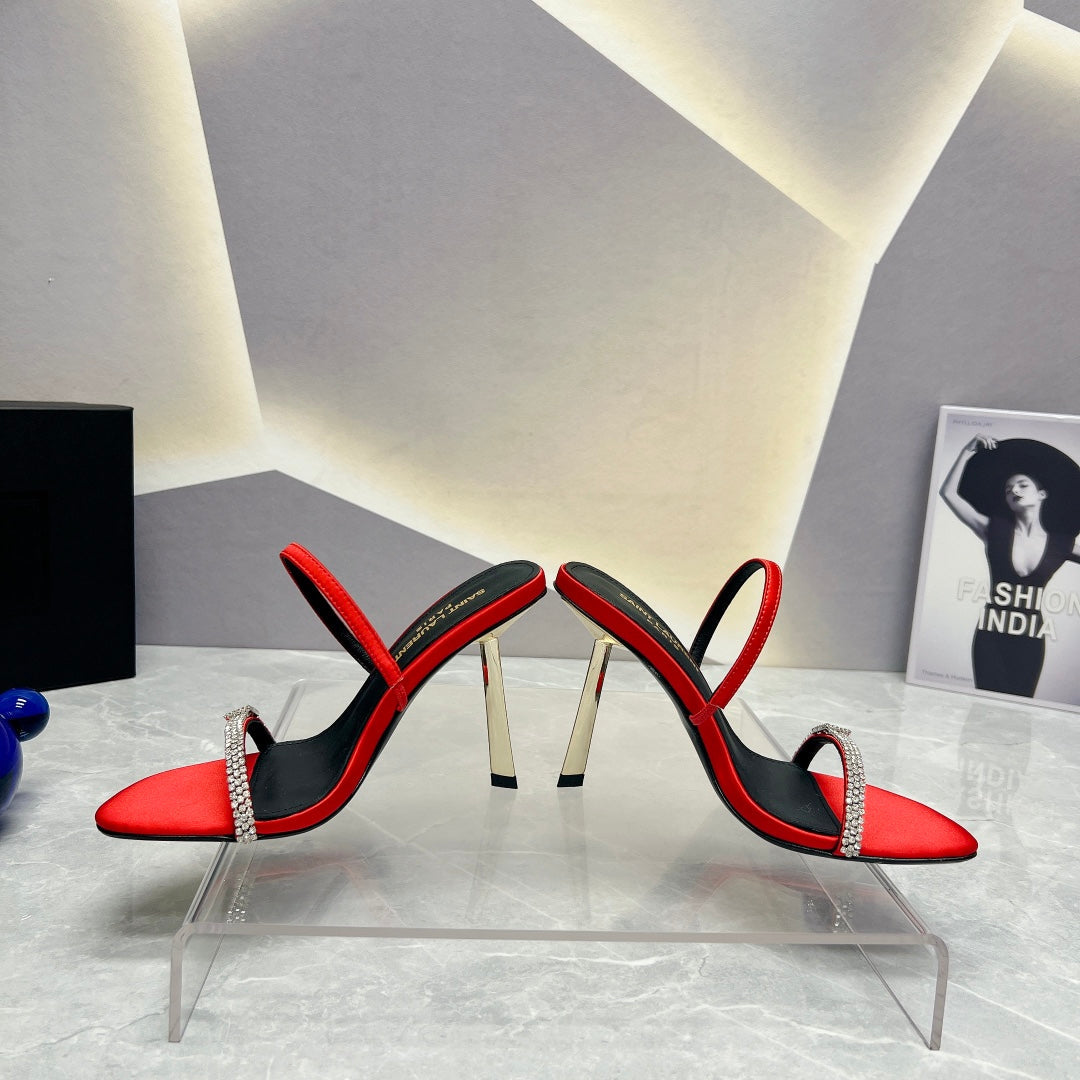 SL CRYSTAL THIN BELT HIGH HEELS RED SATIN - 35