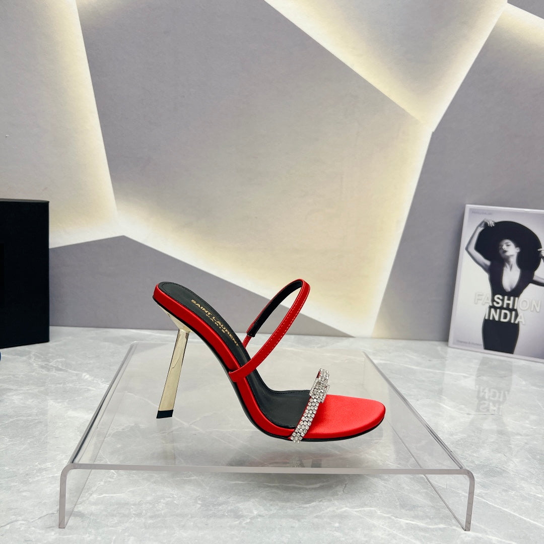 SL CRYSTAL THIN BELT HIGH HEELS RED SATIN - 35