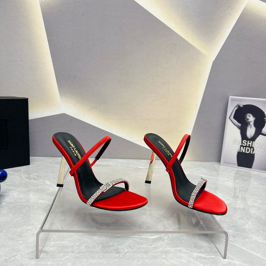 SL CRYSTAL THIN BELT HIGH HEELS RED SATIN - 35