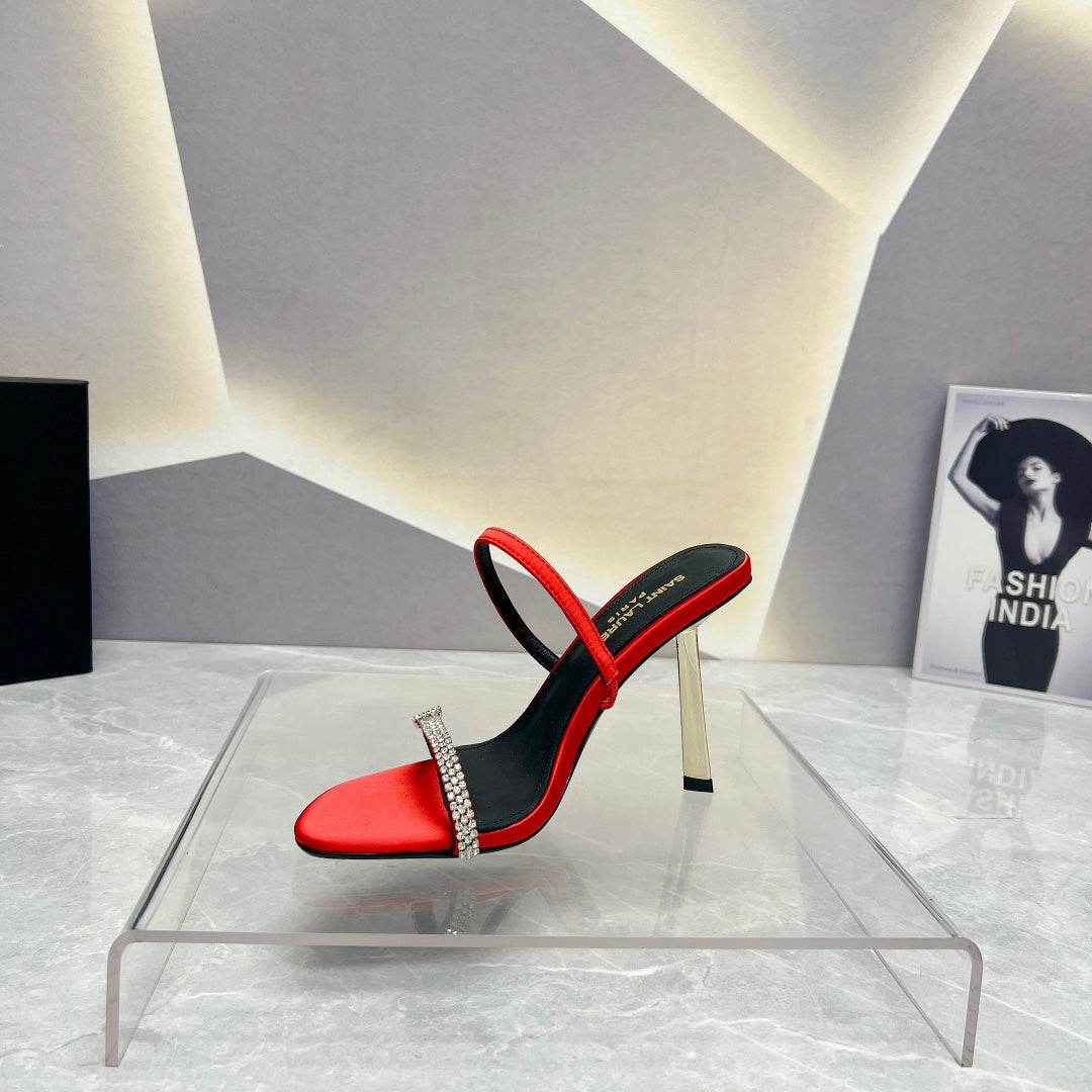 SL CRYSTAL THIN BELT HIGH HEELS RED SATIN - 35