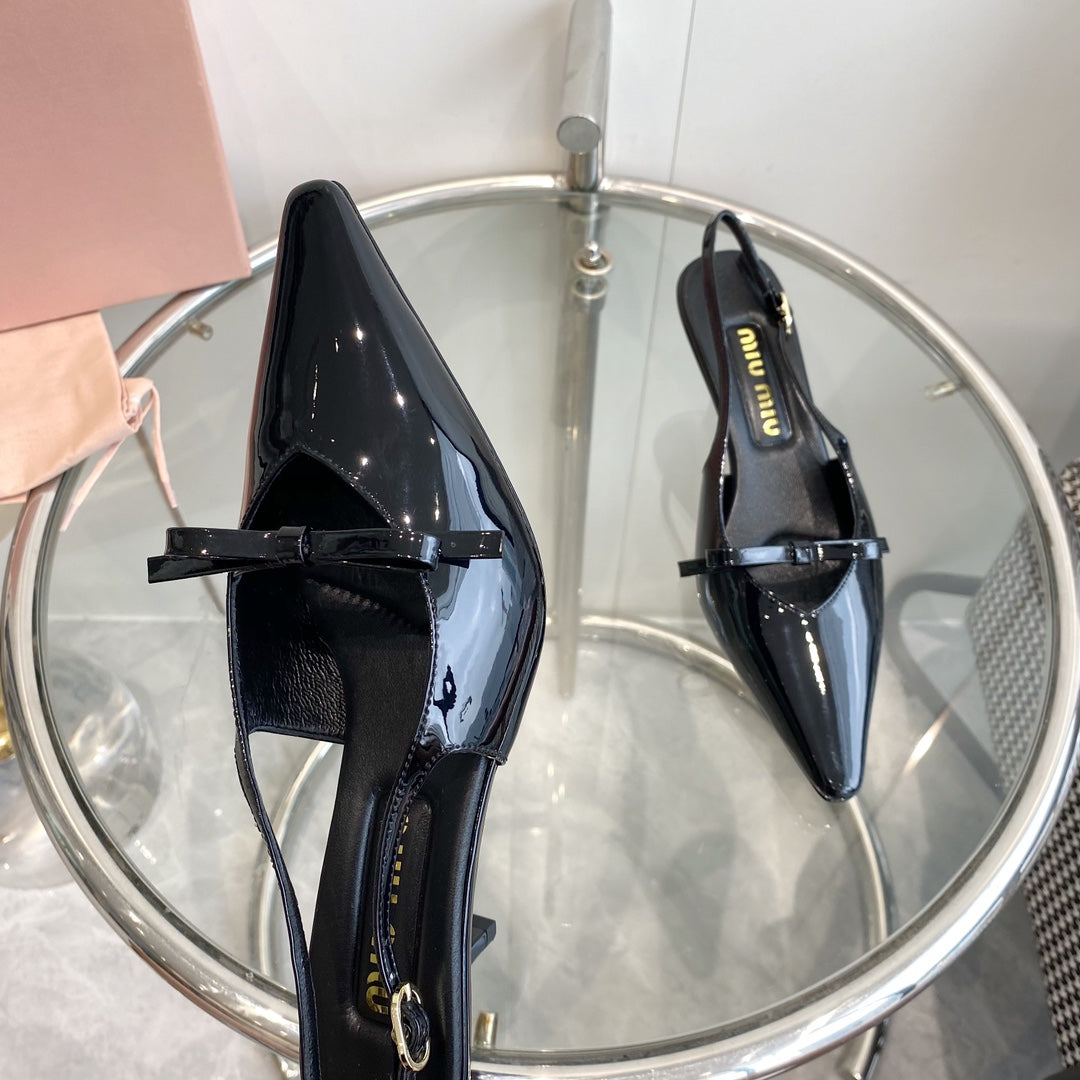 HIGH-SLINGBACK POINTED TOE SANDALS BLACK COWHIDE WITH BOW - 35