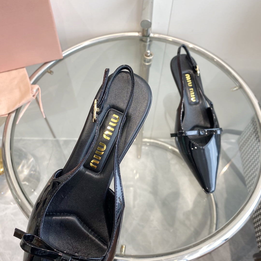 HIGH-SLINGBACK POINTED TOE SANDALS BLACK COWHIDE WITH BOW - 35