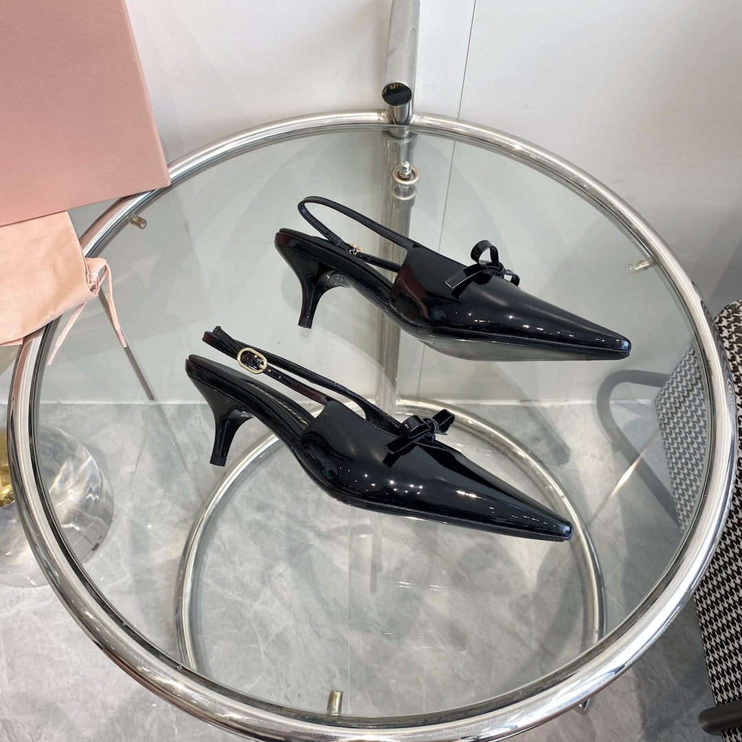 HIGH-SLINGBACK POINTED TOE SANDALS BLACK COWHIDE WITH BOW - 35