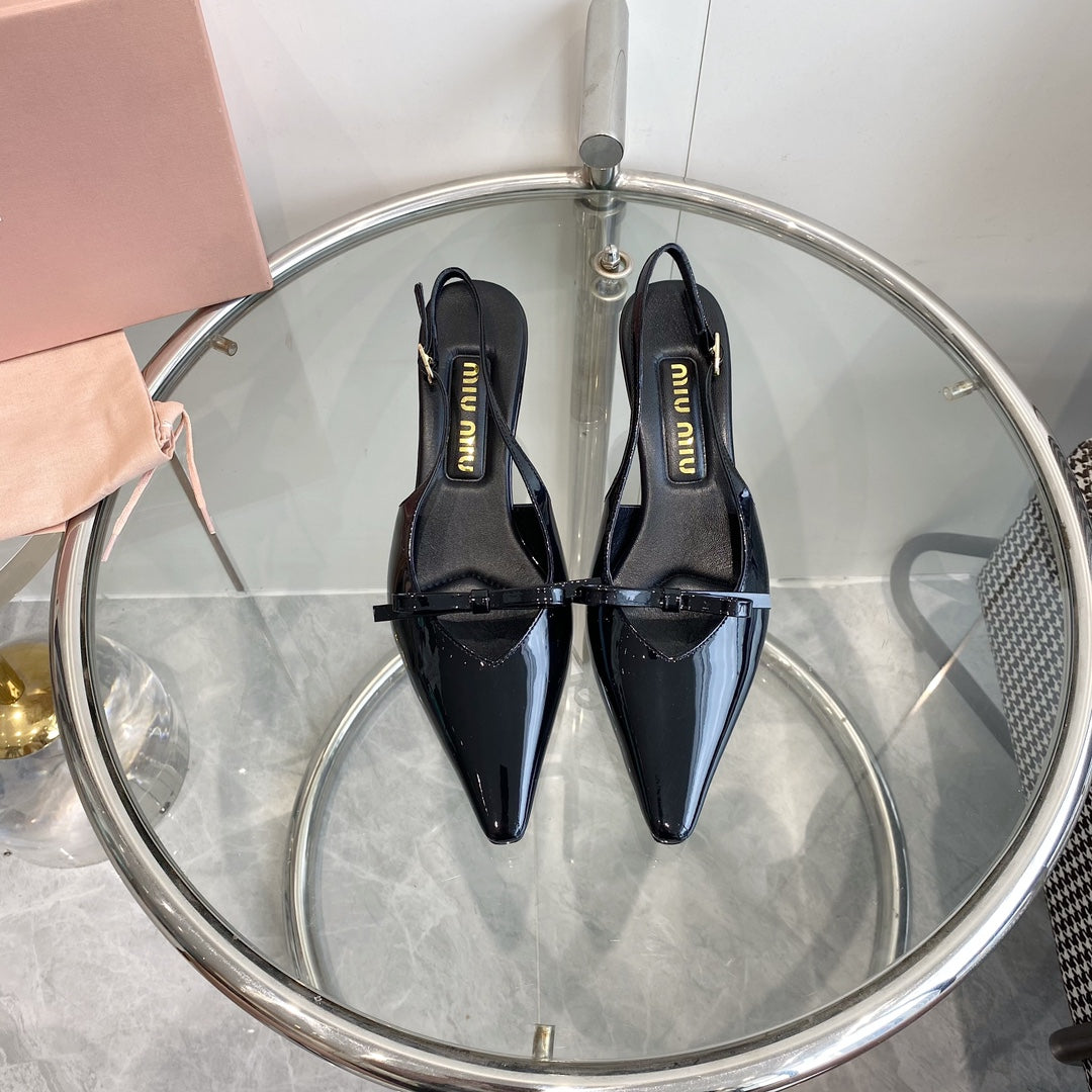 HIGH-SLINGBACK POINTED TOE SANDALS BLACK COWHIDE WITH BOW - 35