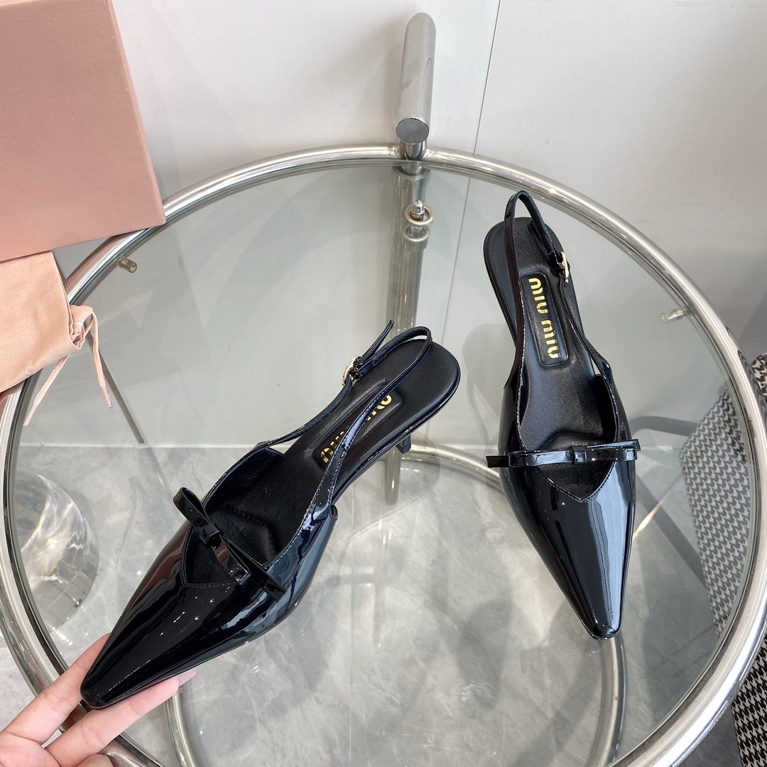 HIGH-SLINGBACK POINTED TOE SANDALS BLACK COWHIDE WITH BOW - 35