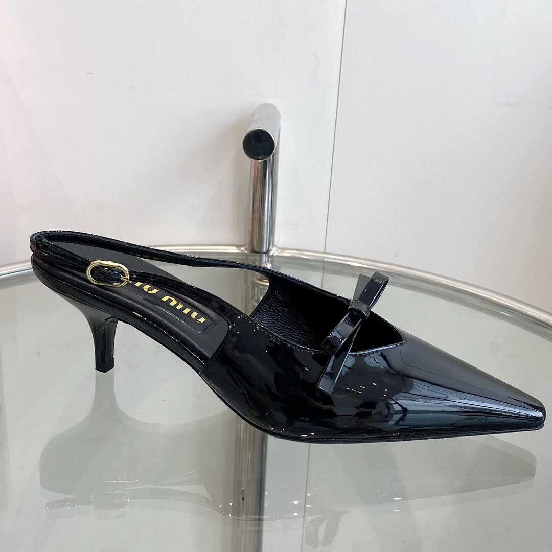 HIGH-SLINGBACK POINTED TOE SANDALS BLACK COWHIDE WITH BOW - 35