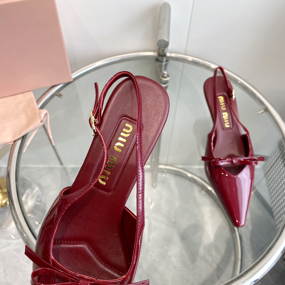 HIGH-SLINGBACK POINTED TOE SANDALS RUBY COWHIDE WITH BOW - 35