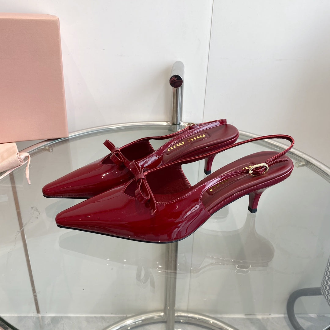 HIGH-SLINGBACK POINTED TOE SANDALS RUBY COWHIDE WITH BOW - 35