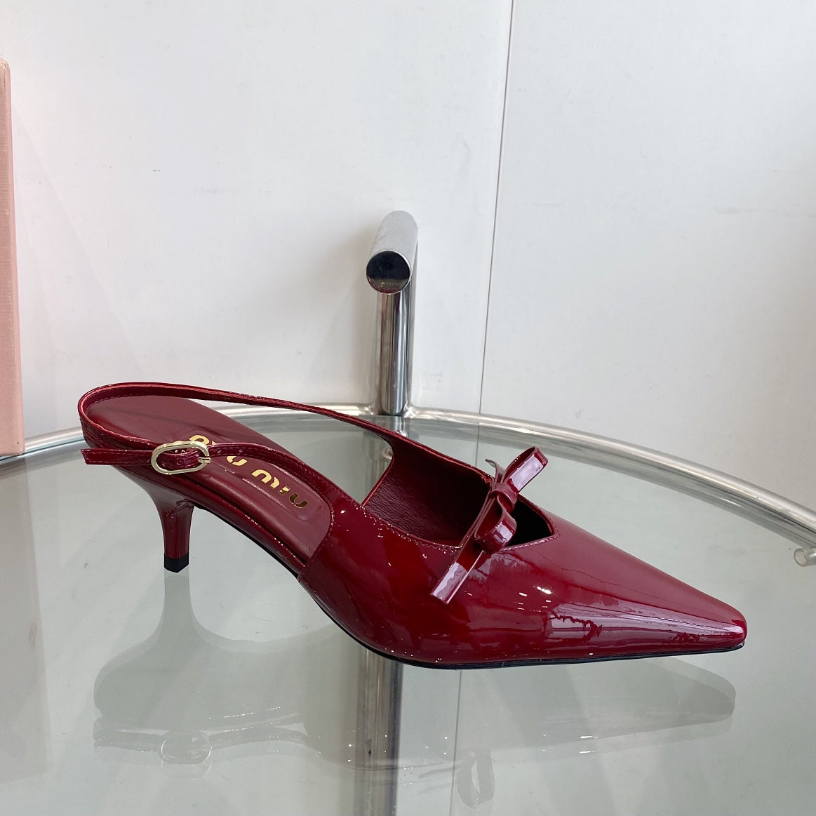 HIGH-SLINGBACK POINTED TOE SANDALS RUBY COWHIDE WITH BOW - 35