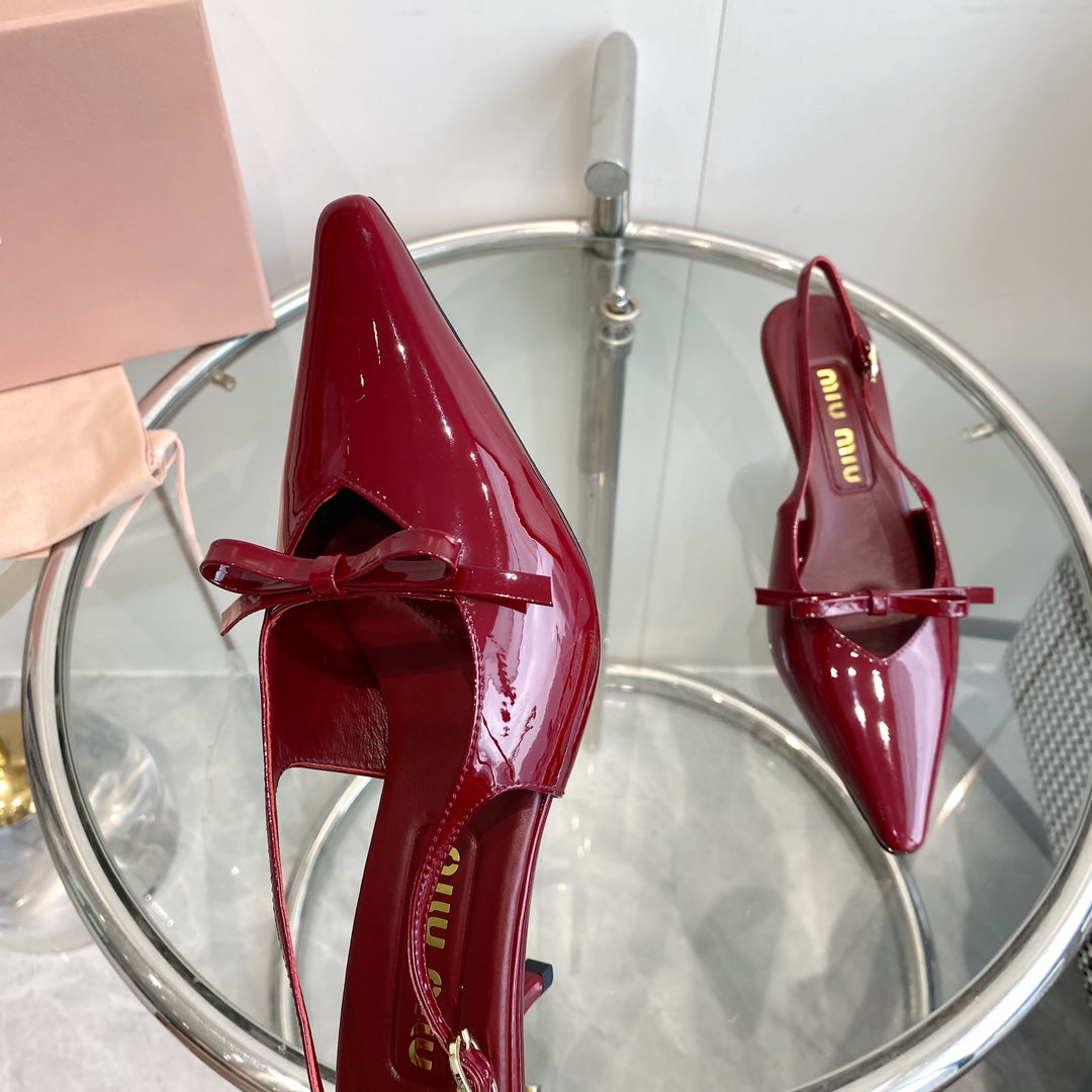 HIGH-SLINGBACK POINTED TOE SANDALS RUBY COWHIDE WITH BOW - 35