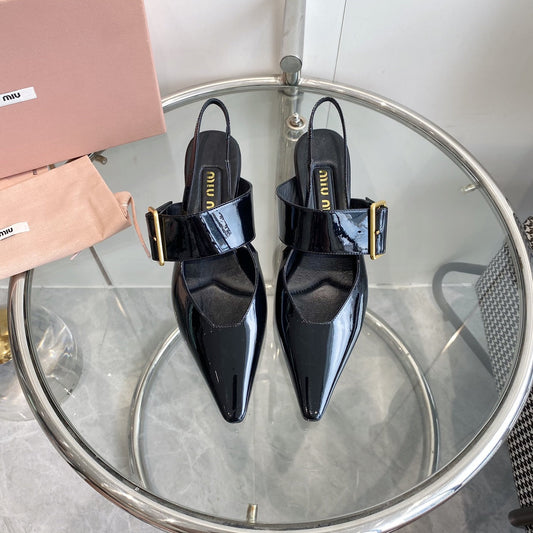 HIGH-SLINGBACK POINTED TOE SANDALS BLACK COWHIDE - 35