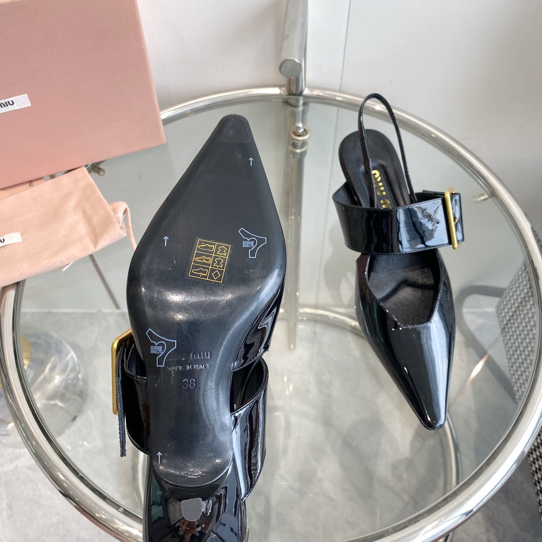 HIGH-SLINGBACK POINTED TOE SANDALS BLACK COWHIDE - 35