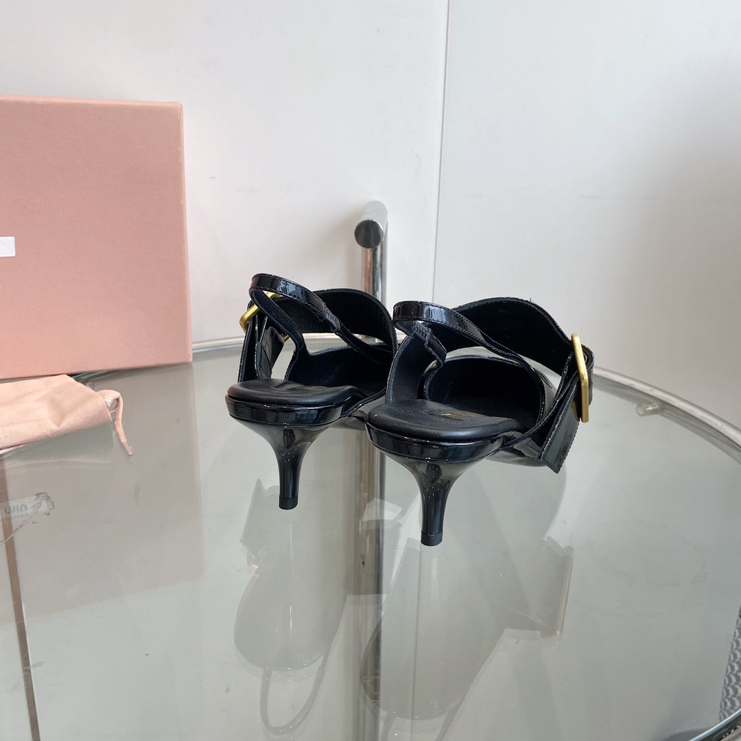 HIGH-SLINGBACK POINTED TOE SANDALS BLACK COWHIDE - 35
