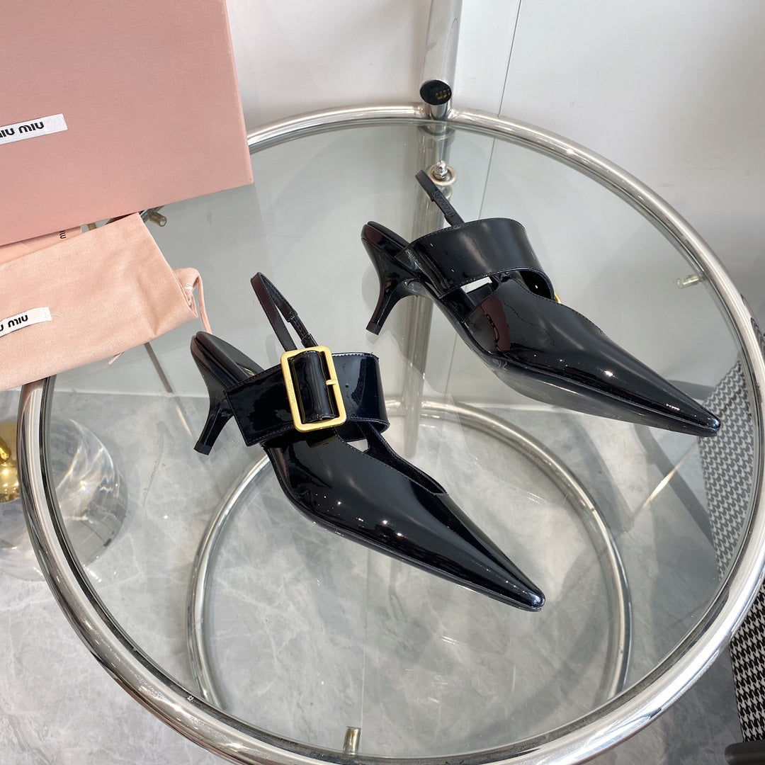 HIGH-SLINGBACK POINTED TOE SANDALS BLACK COWHIDE - 35