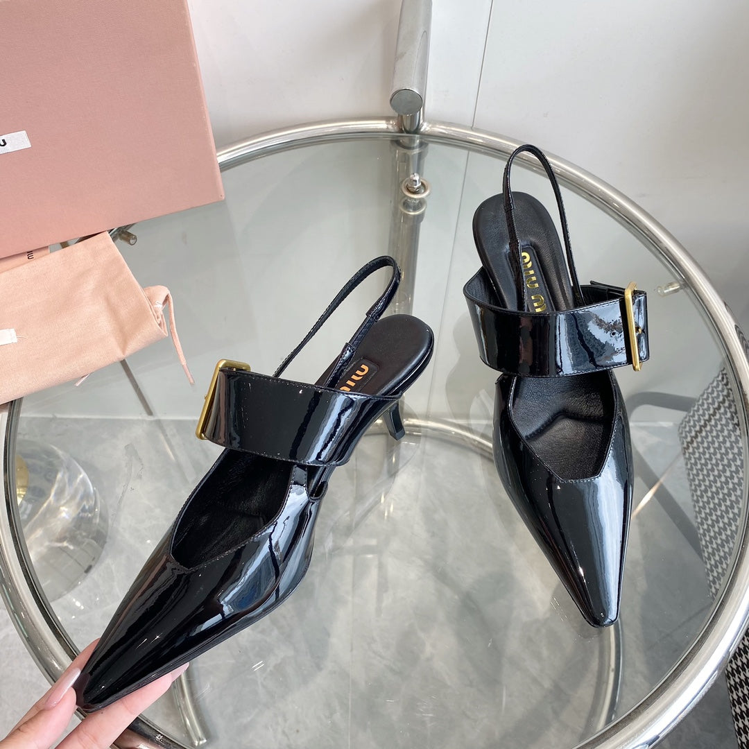 HIGH-SLINGBACK POINTED TOE SANDALS BLACK COWHIDE - 35