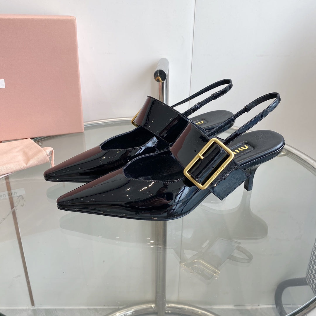 HIGH-SLINGBACK POINTED TOE SANDALS BLACK COWHIDE - 35