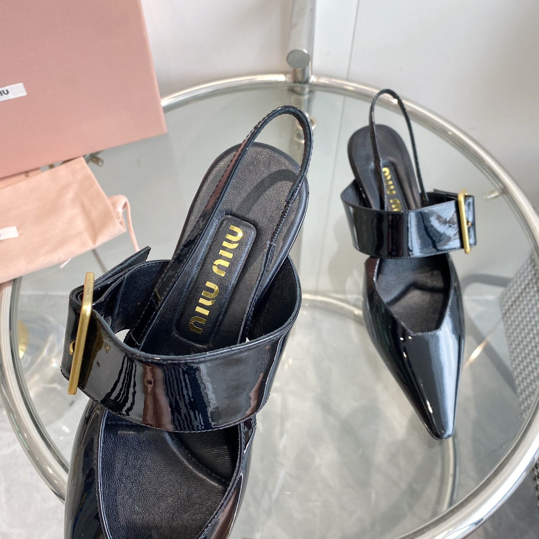 HIGH-SLINGBACK POINTED TOE SANDALS BLACK COWHIDE - 35