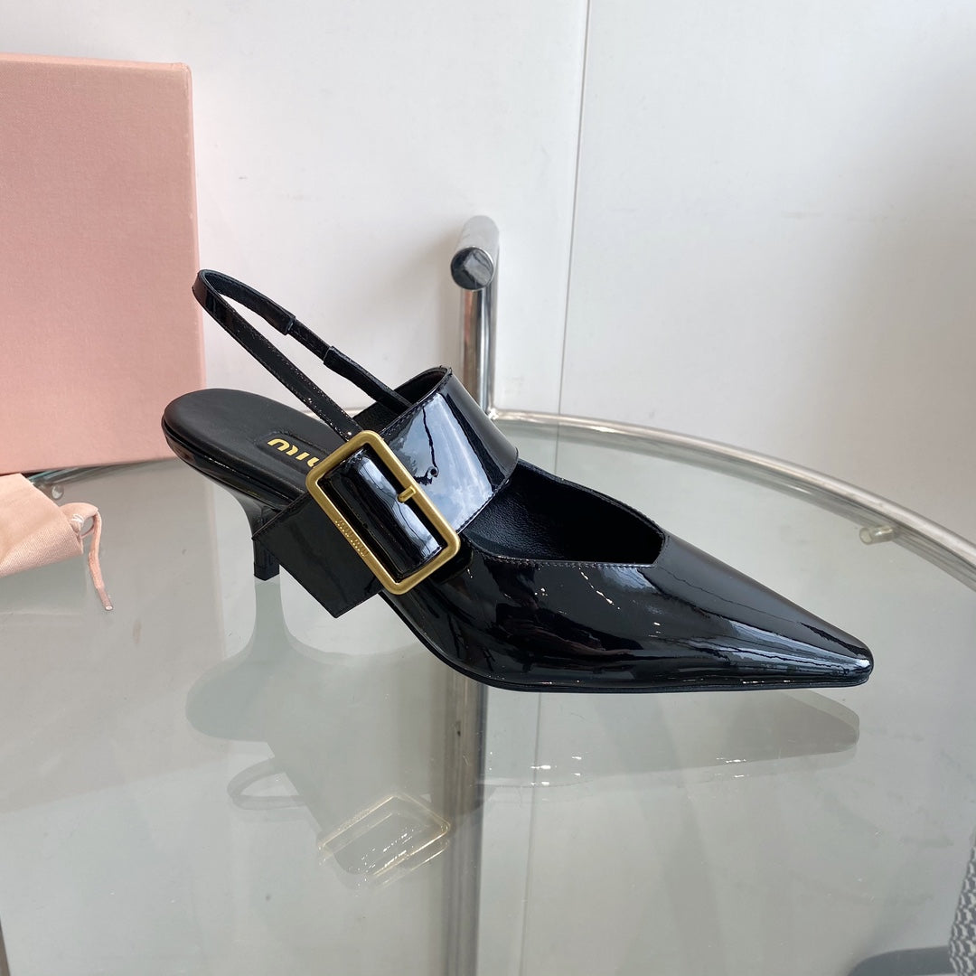 HIGH-SLINGBACK POINTED TOE SANDALS BLACK COWHIDE - 35