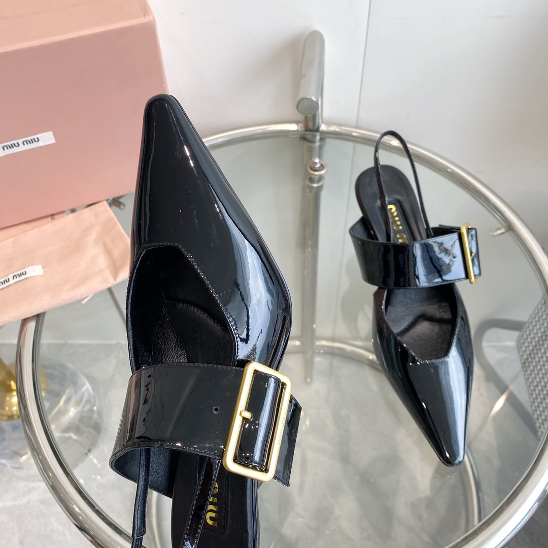 HIGH-SLINGBACK POINTED TOE SANDALS BLACK COWHIDE - 35