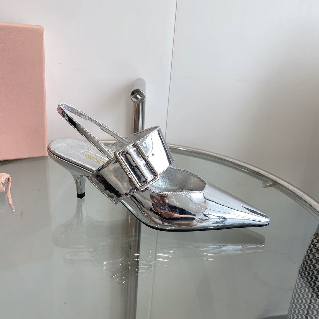 HIGH-SLINGBACK POINTED TOE SANDALS SILVER COWHIDE - 35