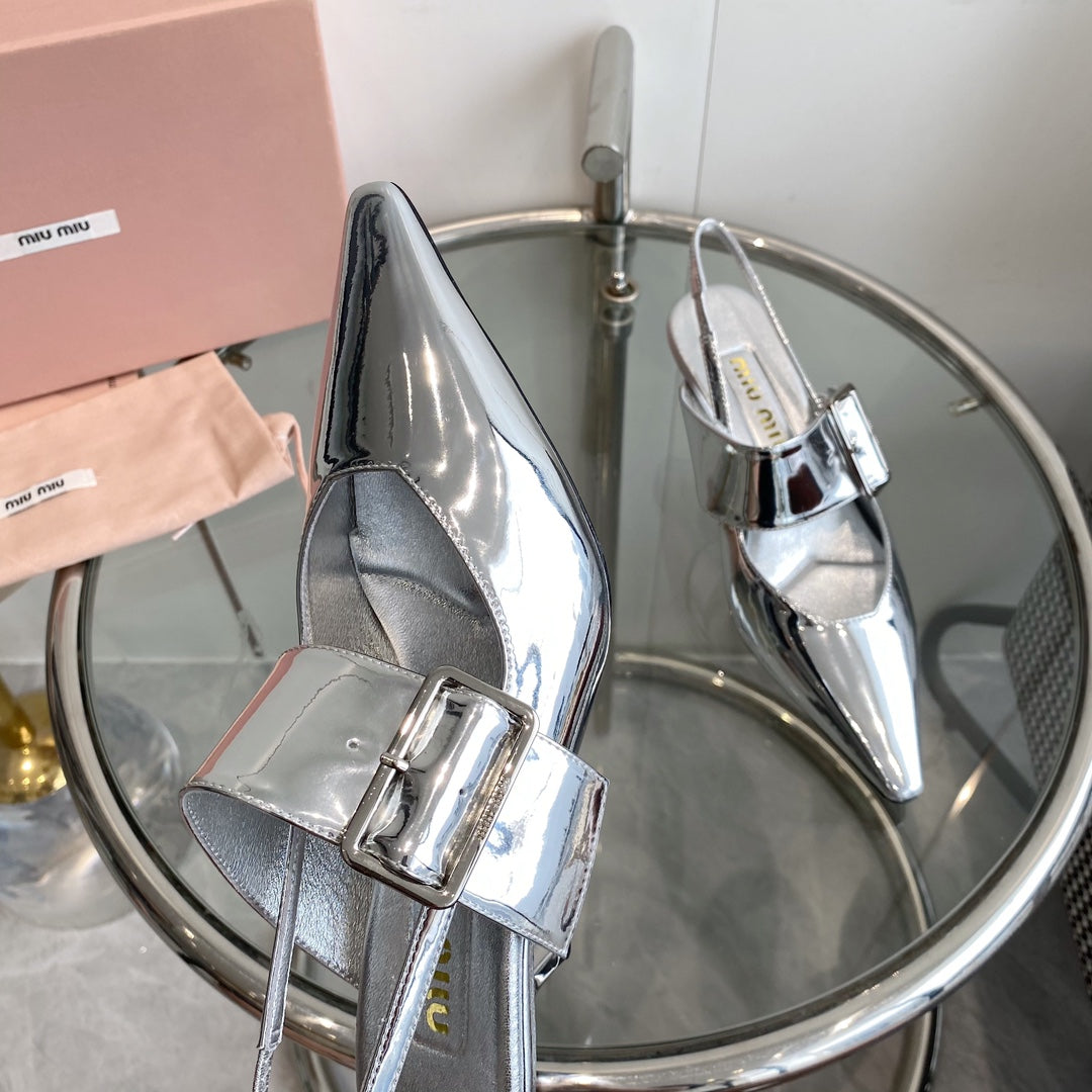 HIGH-SLINGBACK POINTED TOE SANDALS SILVER COWHIDE - 35