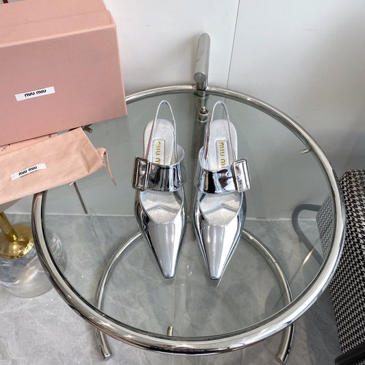 HIGH-SLINGBACK POINTED TOE SANDALS SILVER COWHIDE - 35