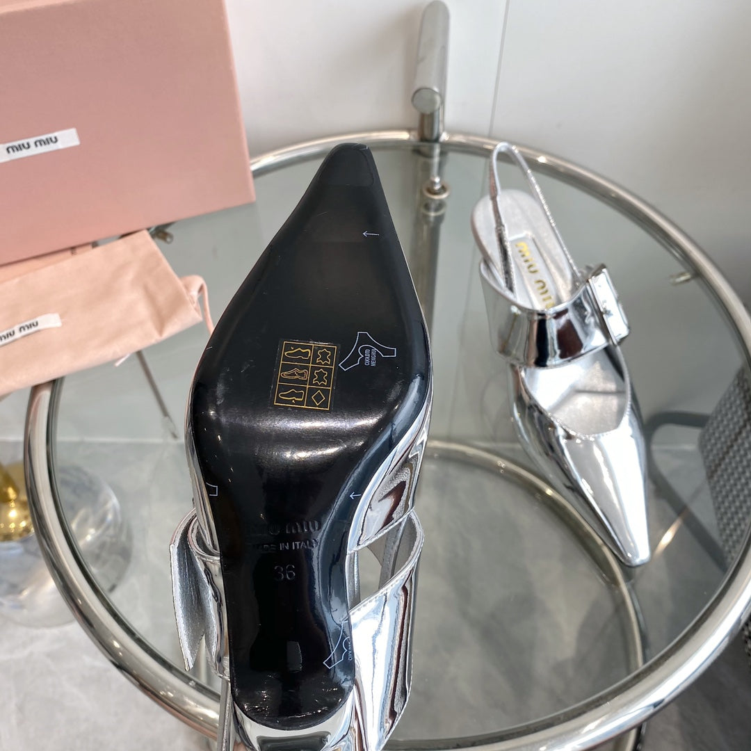 HIGH-SLINGBACK POINTED TOE SANDALS SILVER COWHIDE - 35