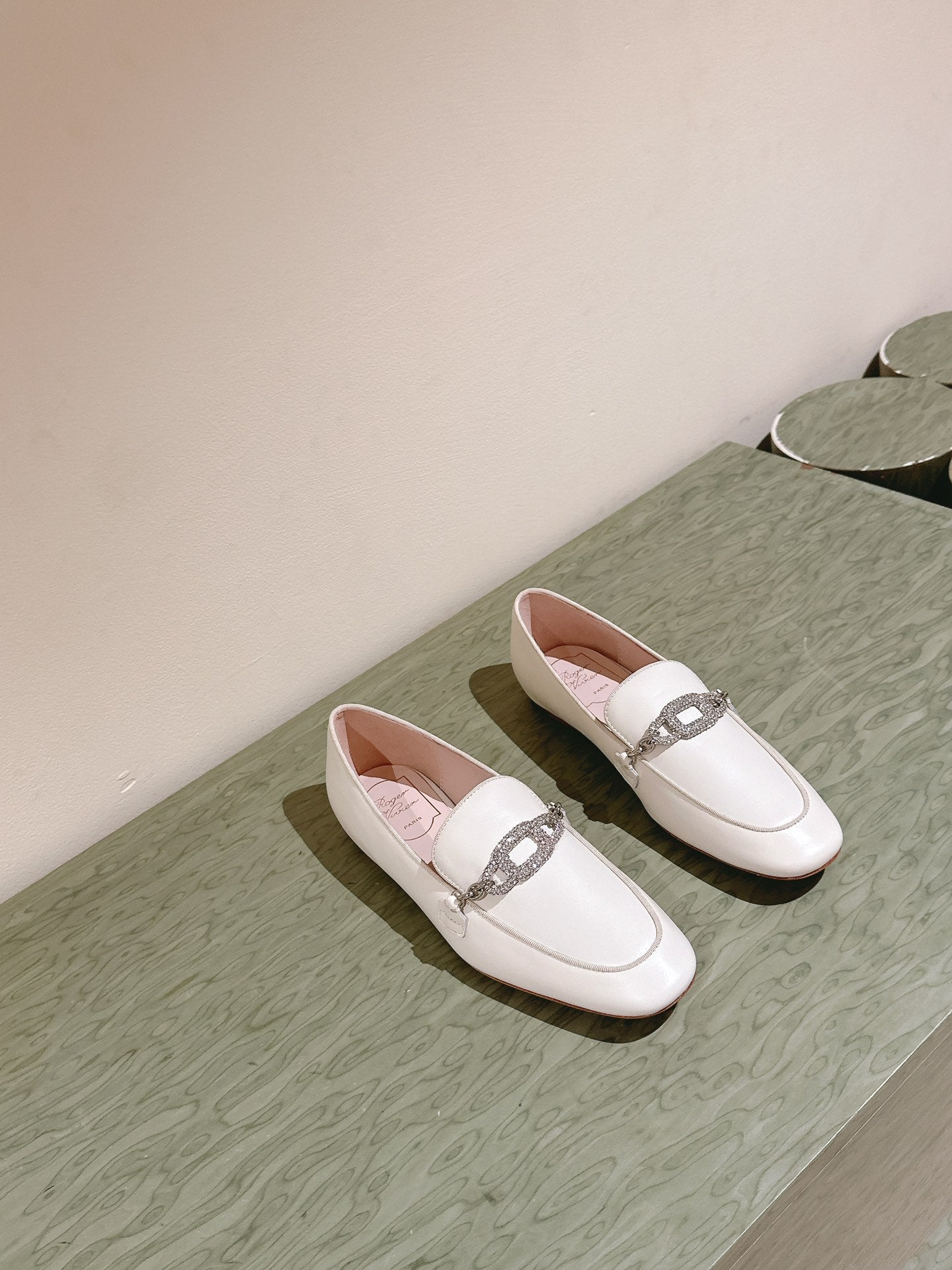 STRASS CHAIN LOAFERS IN WHITE CALFSKIN WITH CRYSTAL CHAIN DETAIL - 34