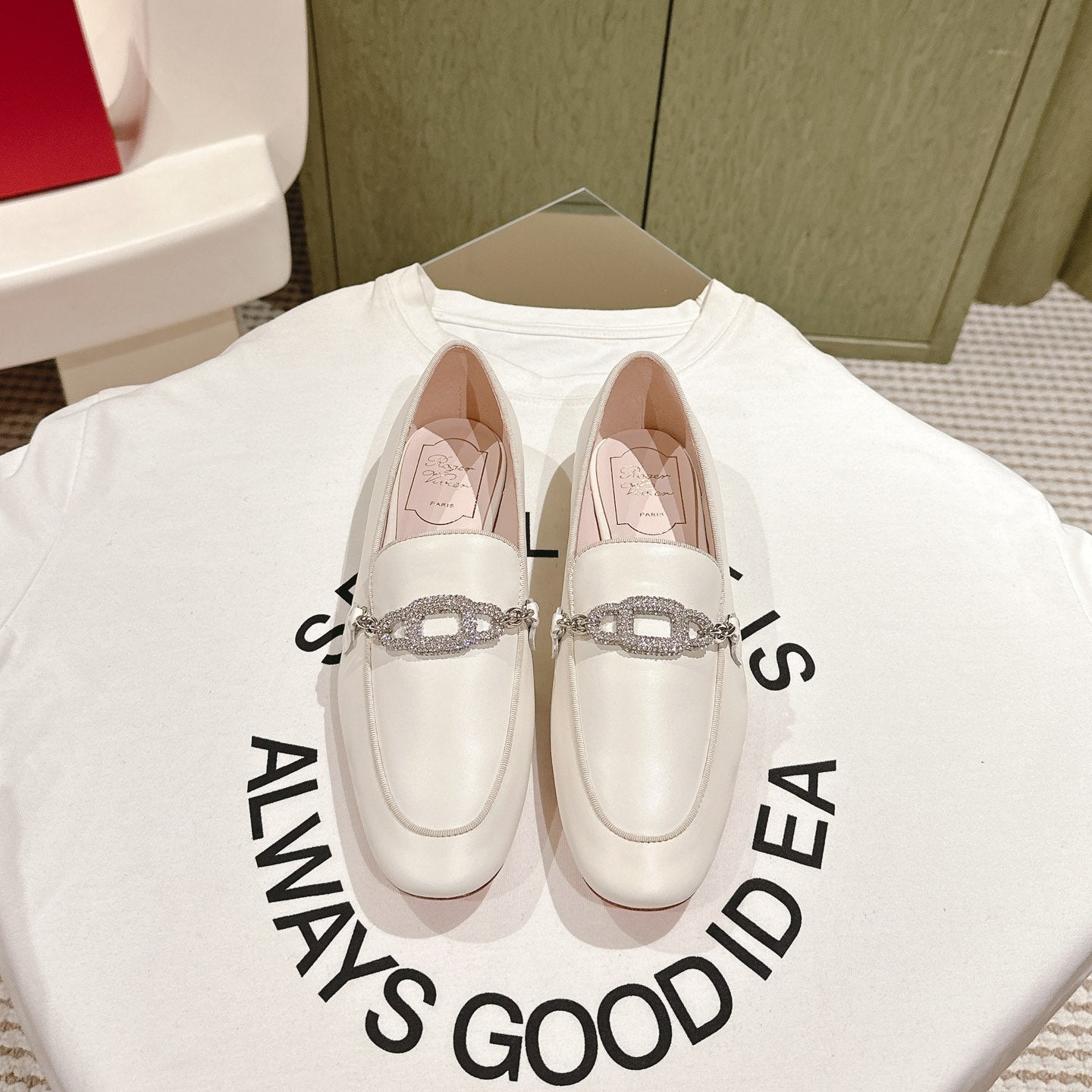 STRASS CHAIN LOAFERS IN WHITE CALFSKIN WITH CRYSTAL CHAIN DETAIL - 34